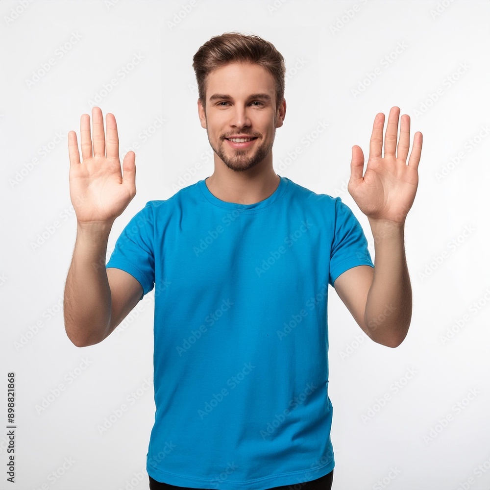 A young men's with high-five Hand Gestures on white background. Wearing sky blue T-shirt. A young men's with high-five Hand Gestures on white background. Wearing sky blue T-shirt.