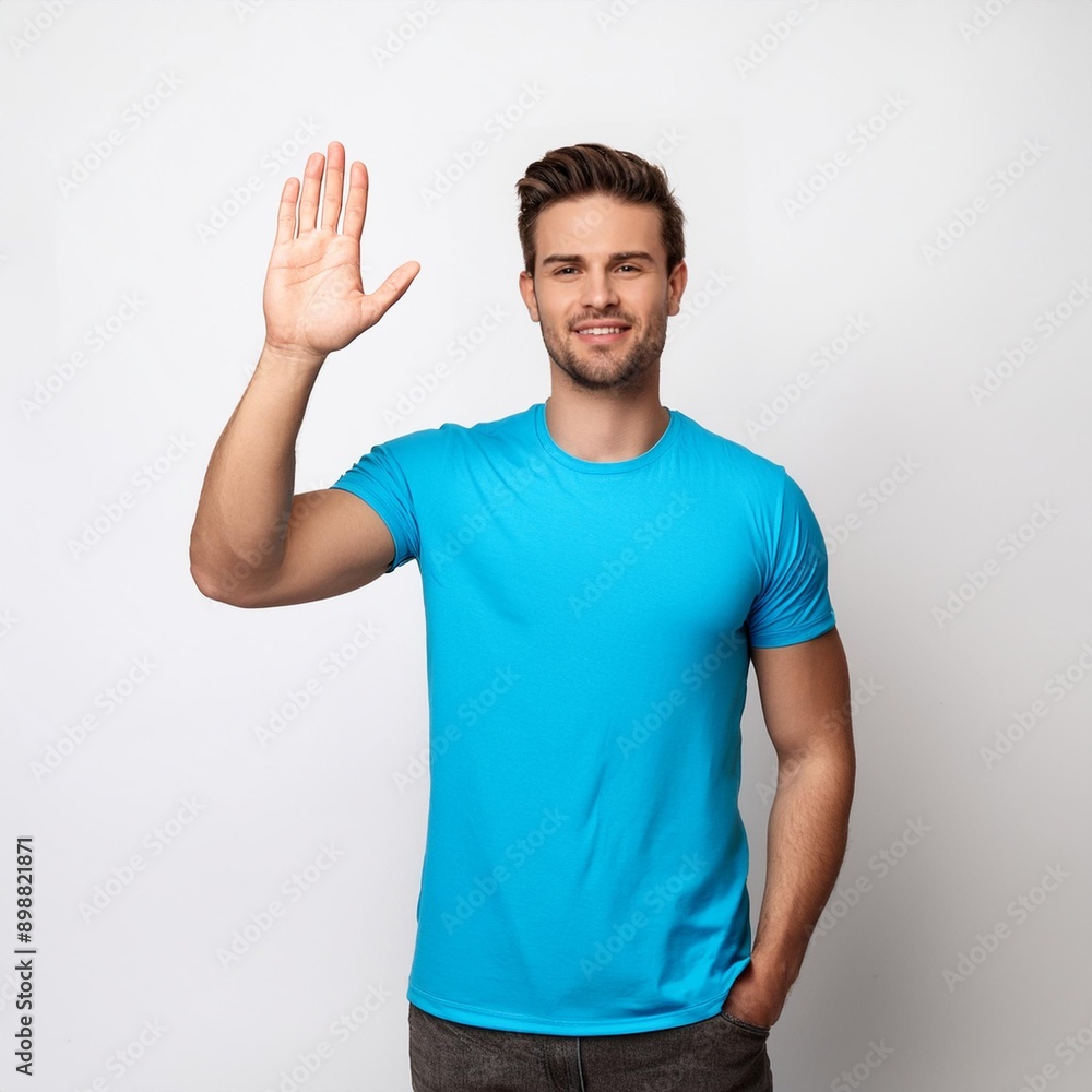 Fototapeta premium A young men's with high-five Hand Gestures on white background. Wearing sky blue T-shirt.