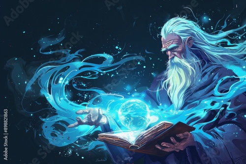 a drawing illustration of a old ice magic wizard man with long grey hair and white beard holding a magical book and using freeze sphere spells. background wallpaper. Generative AI