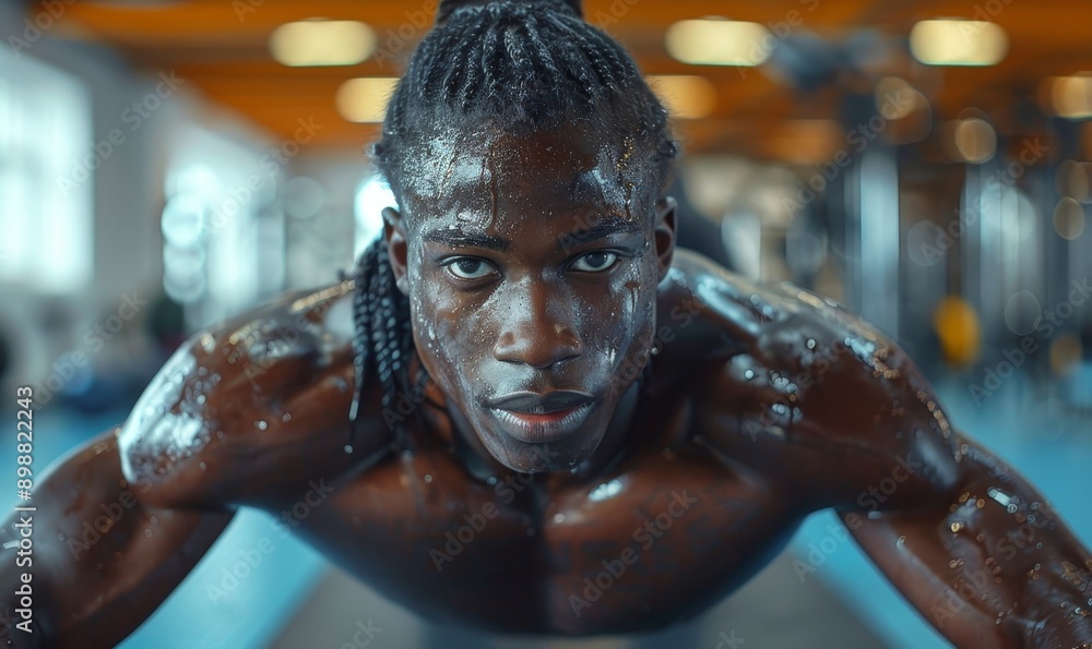 a black afro-american athlete with healthy muscular body doing pushups in a gym while sweating and improving his physical body form. Generative AI a black afro-american athlete with healthy muscular body doing pushups in a gym while sweating and improving his physical body form. Generative AI