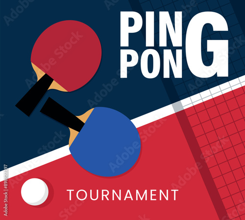 Ping pong poster template. Table, net and ping pong rackets. Poster for a table tennis tournament.