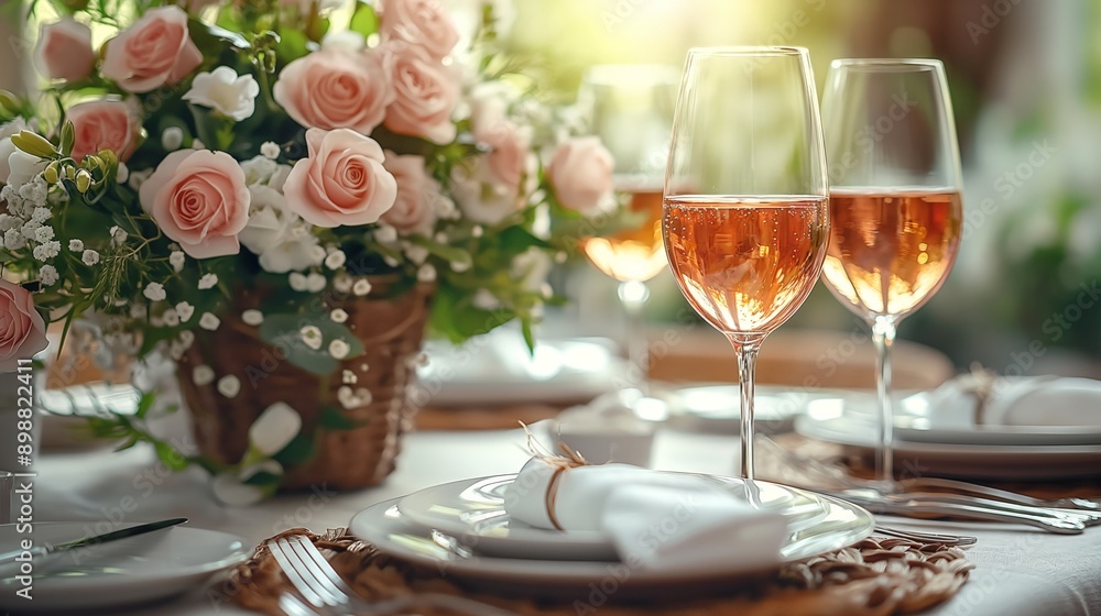 Rosé Wine Glasses and Floral Decor, Suitable for Celebrations and Romantic Themes Rosé Wine Glasses and Floral Decor, Suitable for Celebrations and Romantic Themes
