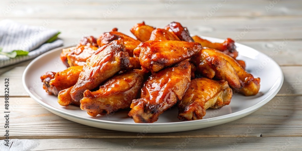 Plate of crispy glazed chicken wings on white ceramic dish, crispy, glazed, chicken wings, plate, white, ceramic, dish Plate of crispy glazed chicken wings on white ceramic dish, crispy, glazed, chicken wings, plate, white, ceramic, dish