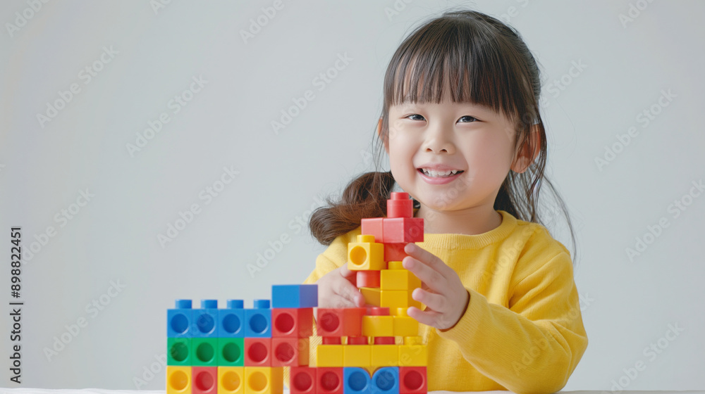 Advertise our educational toys, with a smiling Asian girl playing with building blocks on a plain white background. Advertise our educational toys, with a smiling Asian girl playing with building blocks on a plain white background.