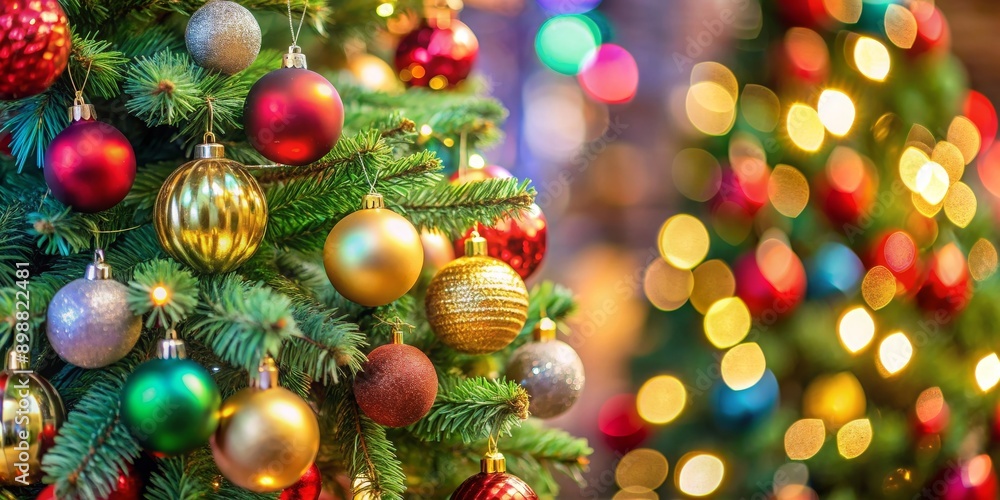 Close-up of a beautifully decorated Christmas tree with colorful ornaments, holidays, festive, decorations, ornaments Close-up of a beautifully decorated Christmas tree with colorful ornaments, holidays, festive, decorations, ornaments