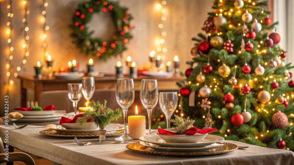 A festive Christmas table setting with a decorated tree in the background , Christmas, holiday, celebration, dining A festive Christmas table setting with a decorated tree in the background , Christmas, holiday, celebration, dining