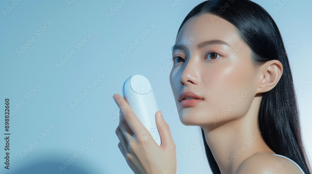 Introducing our smart facial cleansing brush, with a beautiful Asian girl demonstrating its use on a sleek, light blue background. Introducing our smart facial cleansing brush, with a beautiful Asian girl demonstrating its use on a sleek, light blue background.