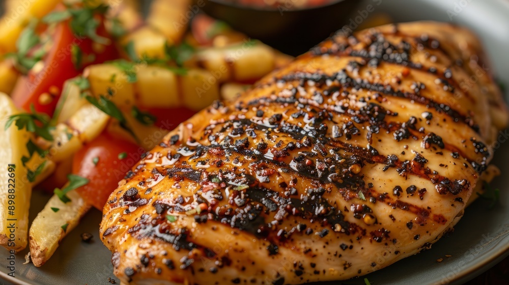 Grilled chicken with black pepper pineapple and tomato served on a plate Grilled chicken with black pepper pineapple and tomato served on a plate