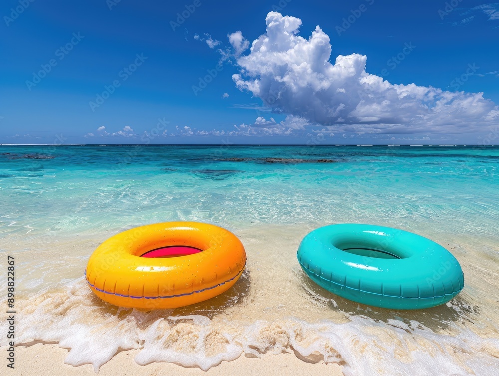 Obraz premium Colorful float rings bobbing in the blue sea