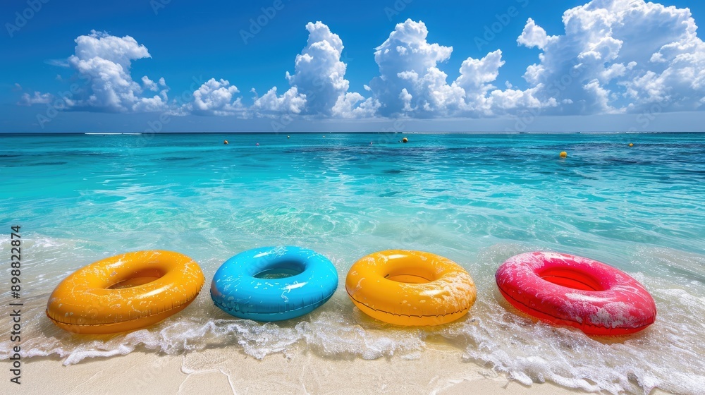Colorful float rings bobbing in the blue sea Colorful float rings bobbing in the blue sea