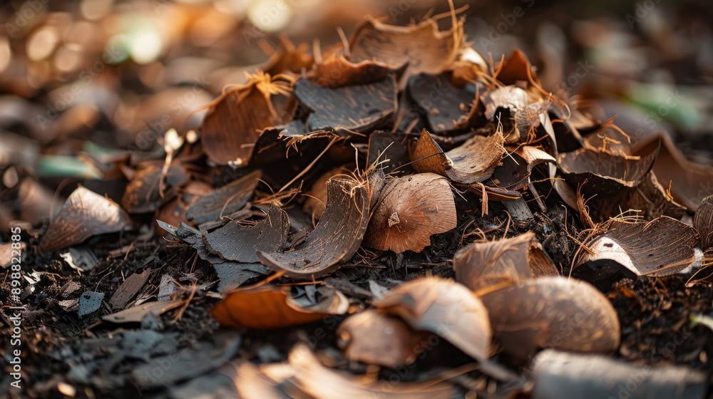 Heap of coconut peel on ground surrounded by natural debris in a tropical setting Heap of coconut peel on ground surrounded by natural debris in a tropical setting