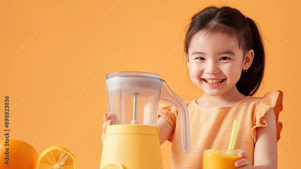 Showcase our smart blender with voice control, with a happy Asian girl blending a smoothie on a light orange background. Showcase our smart blender with voice control, with a happy Asian girl blending a smoothie on a light orange background.