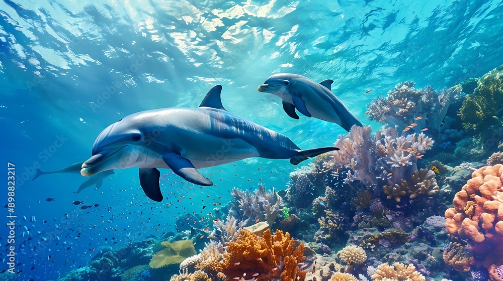 Fototapeta premium Dolphins swimming with coral reefs 