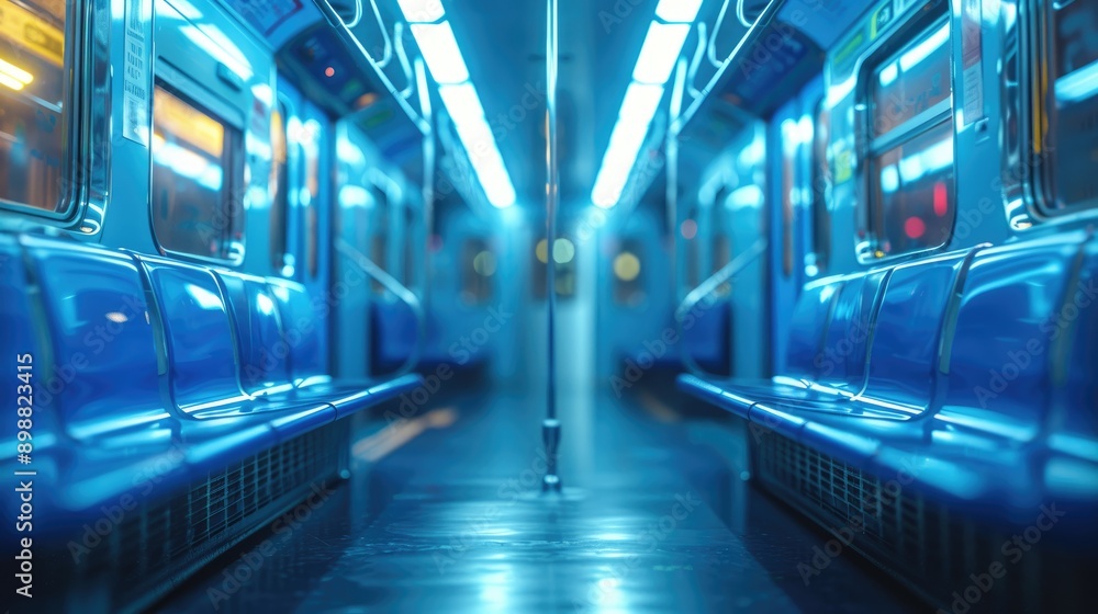 Obraz premium An empty modern subway car featuring seats, illuminated by artificial lighting