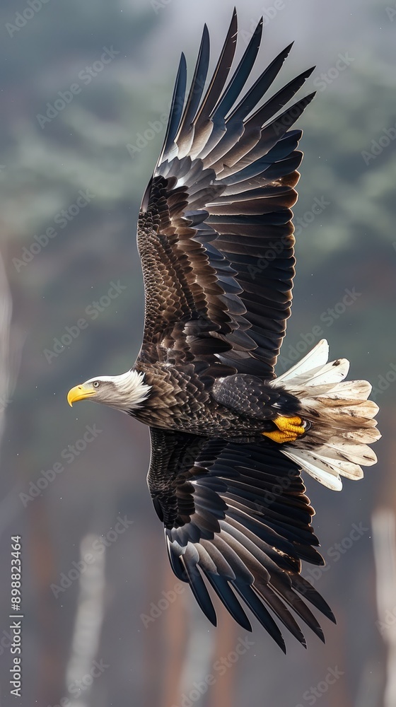 Obraz premium Bald eagle soaring gracefully over a landscape.