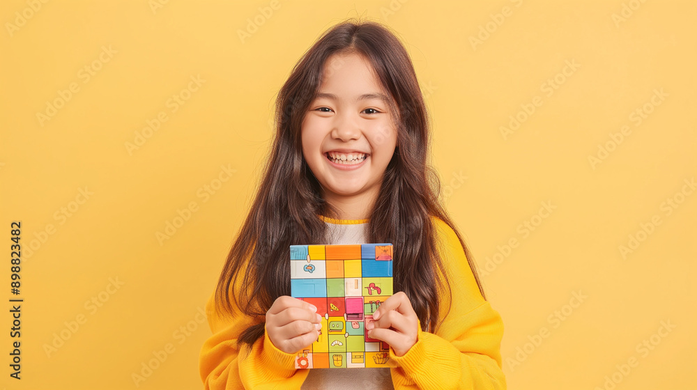 Showcase our interactive board games with app support, with a happy Asian girl holding a game box on a light yellow background. Showcase our interactive board games with app support, with a happy Asian girl holding a game box on a light yellow background.