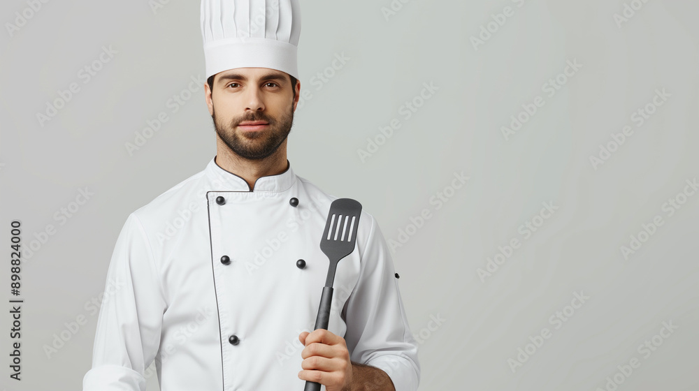 Portrait of a handsome male chef in a white uniform and hat, holding a spatula on a plain light gray background.