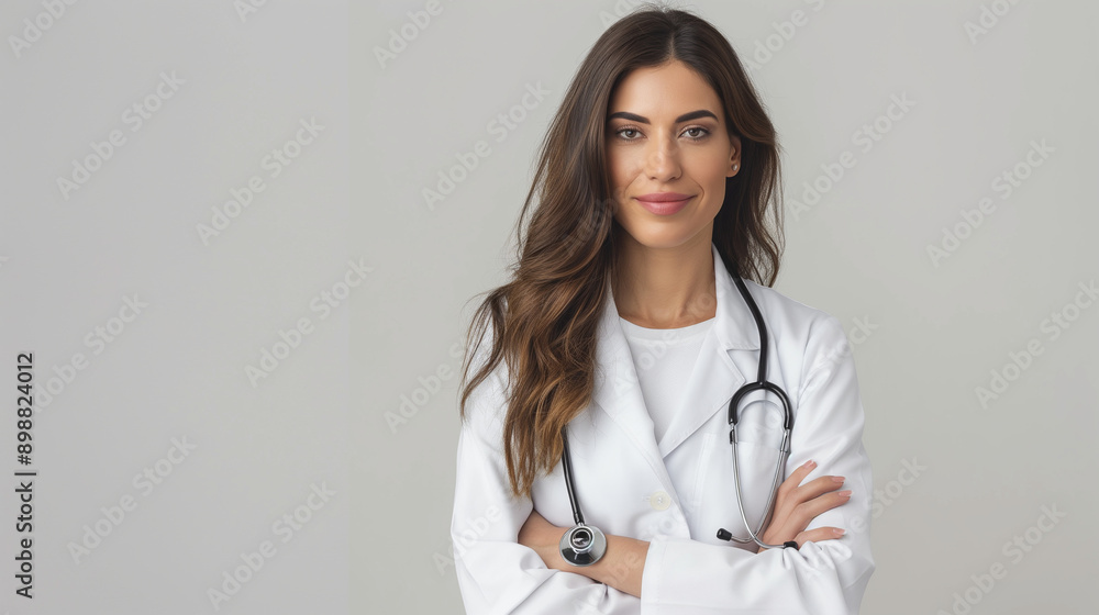 Portrait of a smiling female doctor in a white coat holding a stethoscope on a plain white background. Portrait of a smiling female doctor in a white coat holding a stethoscope on a plain white background.