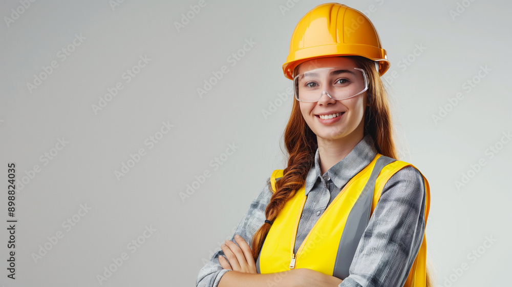 Portrait of a cheerful female engineer wearing a yellow hard hat and safety vest on a plain light gray background. Portrait of a cheerful female engineer wearing a yellow hard hat and safety vest on a plain light gray background.