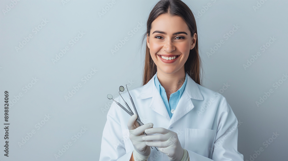 Portrait of a smiling female dentist in a white coat, holding dental tools on a plain light gray background. Portrait of a smiling female dentist in a white coat, holding dental tools on a plain light gray background.