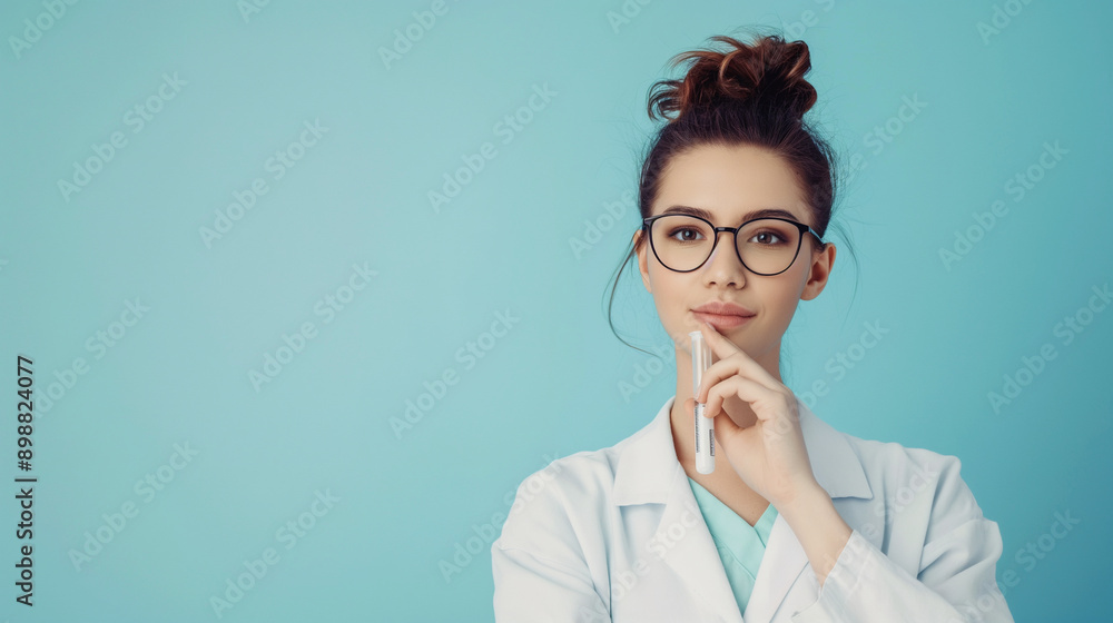 Portrait of a beautiful female scientist in a lab coat, holding a test tube on a plain light blue background. Portrait of a beautiful female scientist in a lab coat, holding a test tube on a plain light blue background.