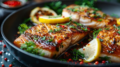 Low-key pan-seared fish with herbs and lemon slices over a rustic cooking surface