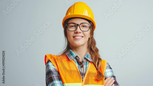 Portrait of a cheerful female engineer wearing a yellow hard hat and safety vest on a plain light gray background. © Maksym
