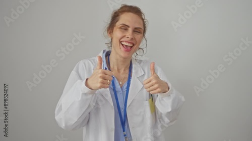 Radiant young caucasian woman in doctor's coat flashes joyful smile and cool 'okay' sign, symbol of excellent approval. captivating portrait isolated on white, exuding confident charm.