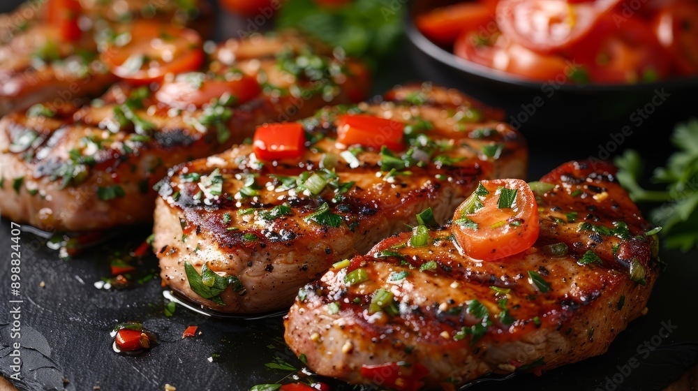 Spicy italian pork chops grilled with tomatoes and peppers served for dinner Spicy italian pork chops grilled with tomatoes and peppers served for dinner