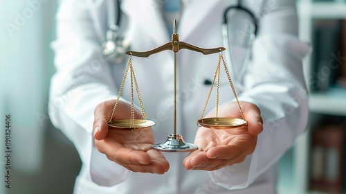The doctor holds the scales of justice in his hands