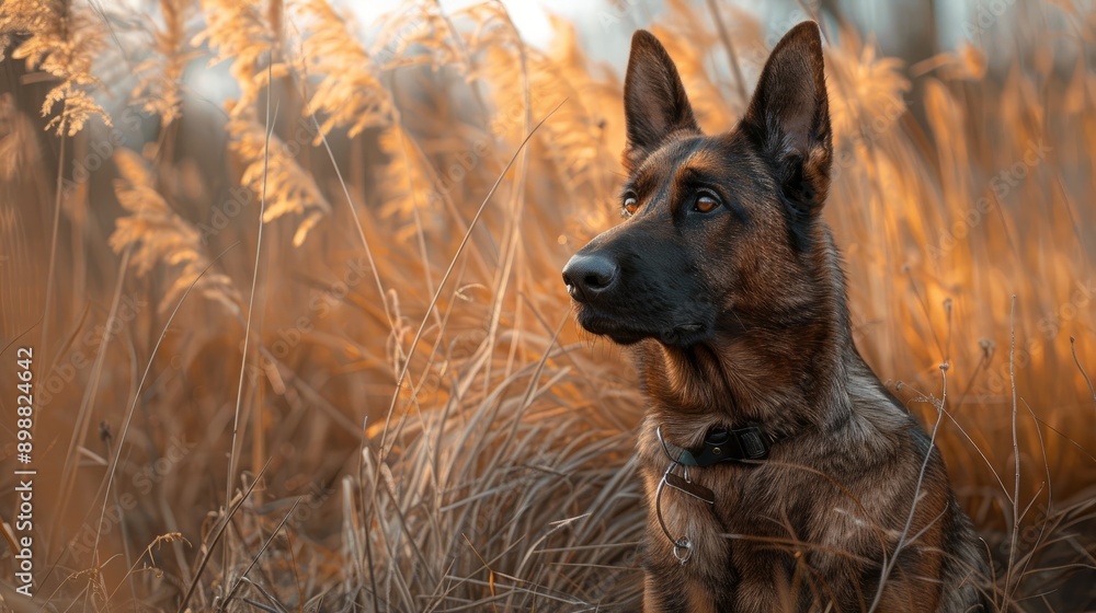 Fototapeta premium Dutch shepherd dog portrait in lush natural setting during golden hour