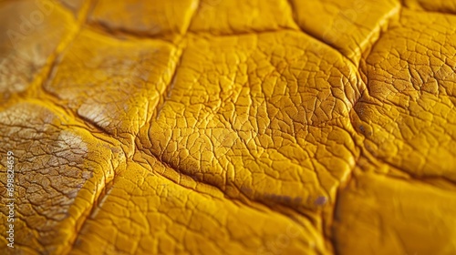 Close up of textured yellow leather surface with natural creases and patterns