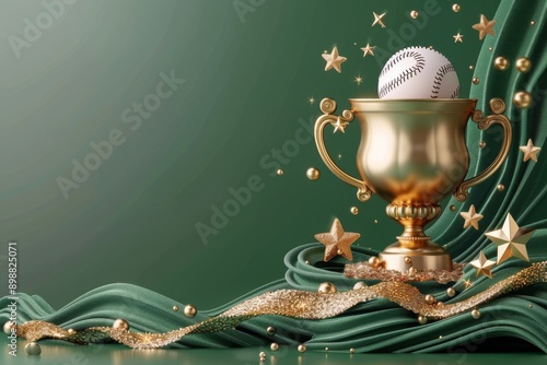 Baseball Trophy With Gold Star and Green Ribbon on Teal Background