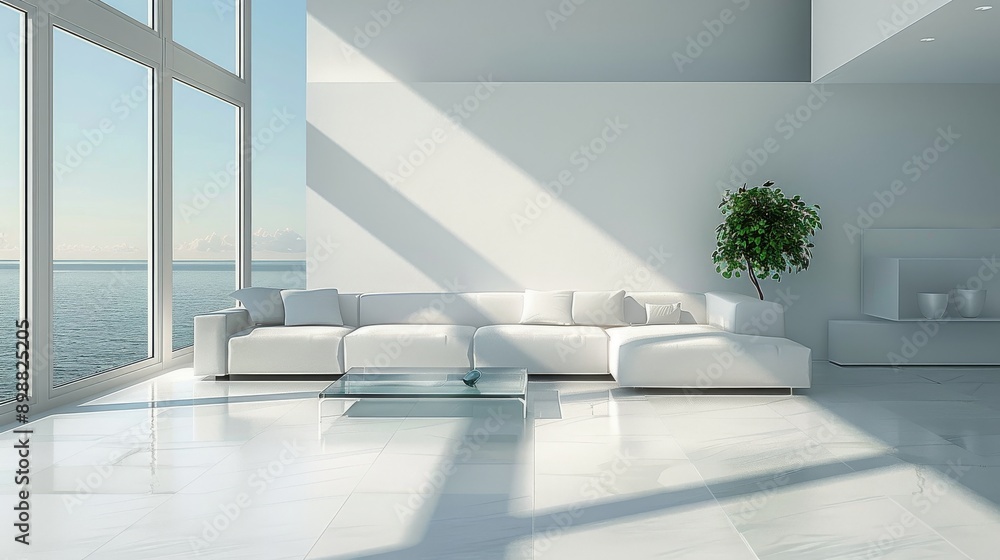 Fototapeta premium Modern White Living Room With Large Windows