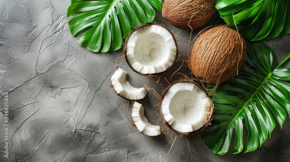 Group of Coconuts With Leaves on a Table Group of Coconuts With Leaves on a Table