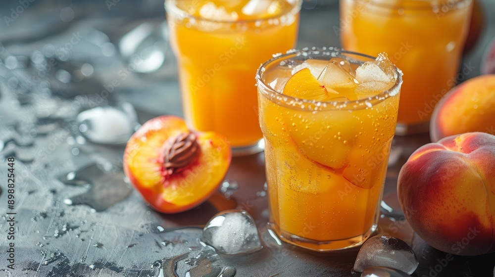 Ripe peaches and refreshing chilled juice served on a cool surface Ripe peaches and refreshing chilled juice served on a cool surface