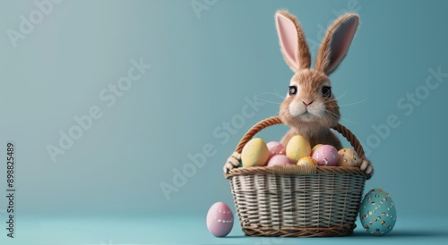 Brown Easter Bunny Sitting in Basket With Colorful Eggs