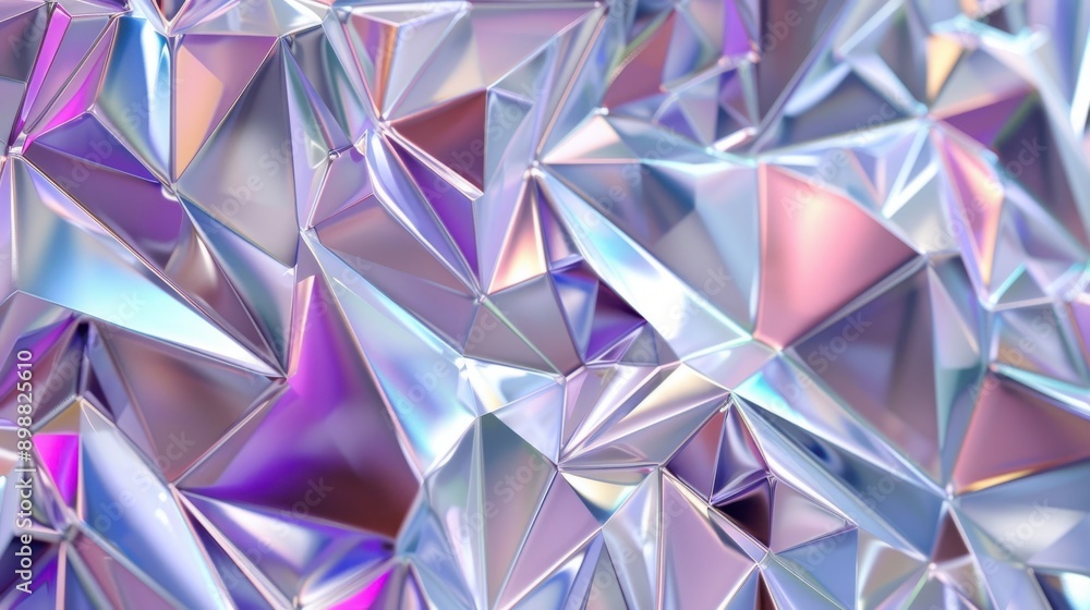 A closeup of iridescent triangular shapes with a shiny holographic effect A closeup of iridescent triangular shapes with a shiny holographic effect