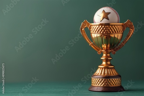 Baseball Trophy With Gold Star and Green Ribbon on Teal Background