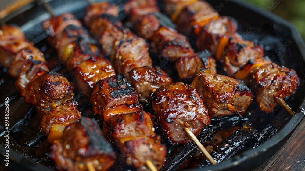 Grilled pork skewers cooking over hot charcoal in an outdoor setting Grilled pork skewers cooking over hot charcoal in an outdoor setting