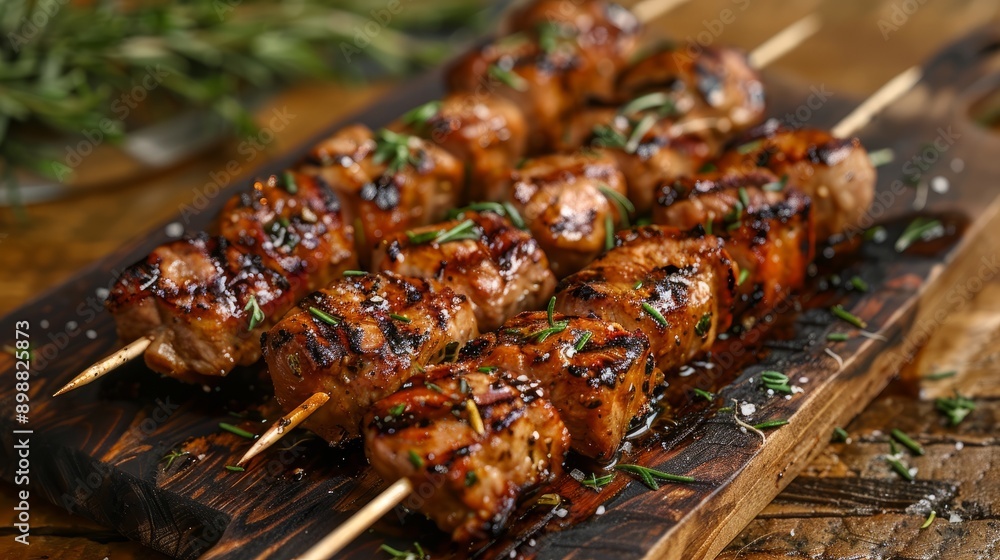 Grilled pork skewers with herbs served on a rustic wooden board Grilled pork skewers with herbs served on a rustic wooden board