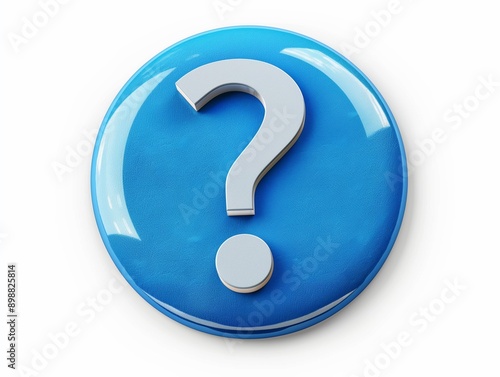 3d icon of white question mark in blue circle with white background. Glossy plastic texture, faq symbol. 