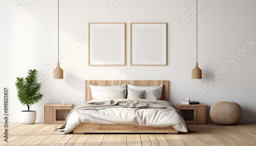 Bright Scandinavian bedroom white walls with empty frame