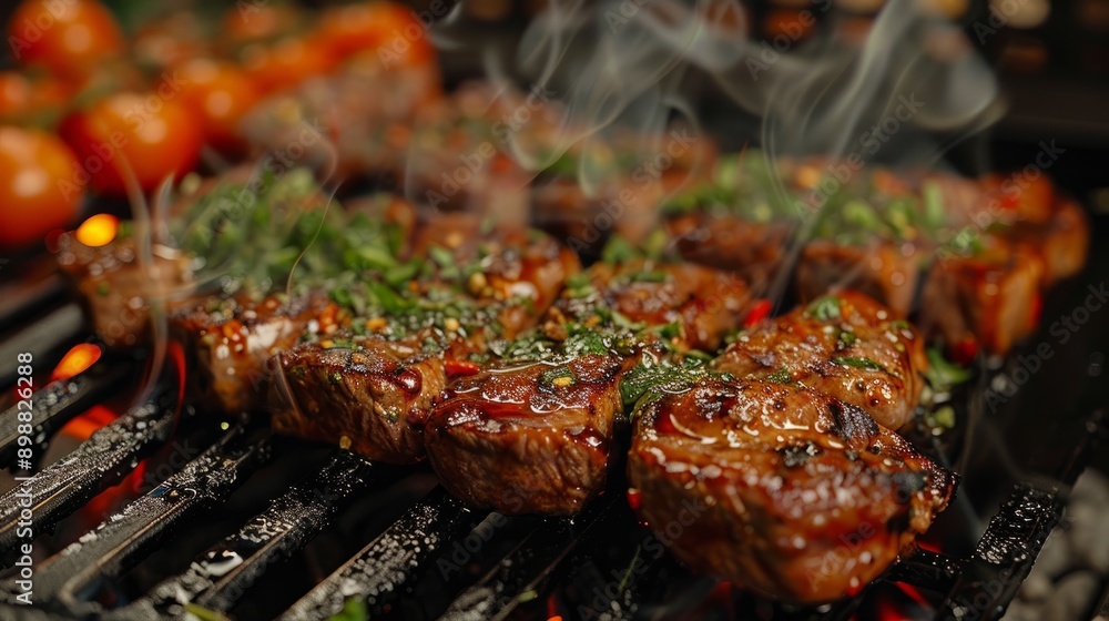 Grilled meat and vegetables on barbecue during summer evening gathering Grilled meat and vegetables on barbecue during summer evening gathering