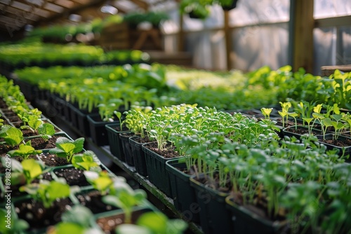 A Hand Gently Touches a Row of Freshly Sprouted Seedlings in a Greenhouse