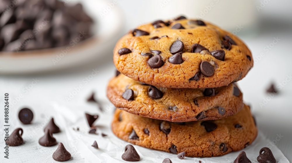 Freshly baked chocolate chip cookies stacked on white background with chocolate chips Freshly baked chocolate chip cookies stacked on white background with chocolate chips