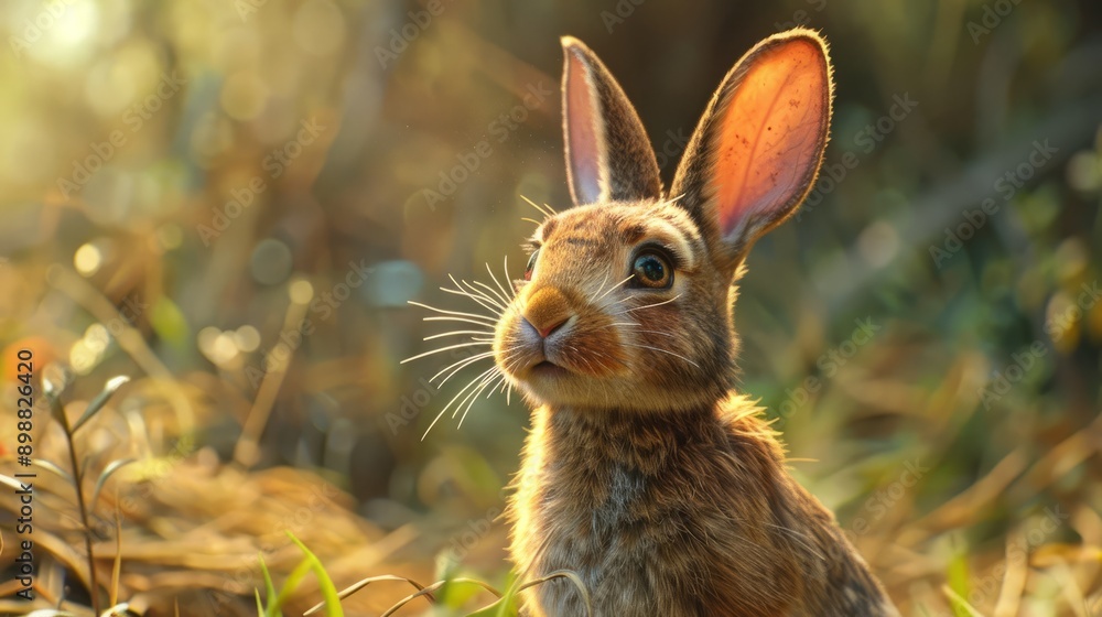 Obraz premium Charming brown rabbit with raised ear in sunlit meadow at dusk