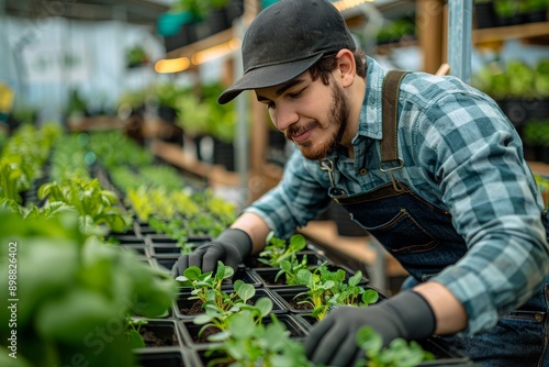 A Hand Gently Touches a Row of Freshly Sprouted Seedlings in a Greenhouse