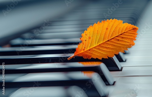 Single Orange Leaf Resting on Piano Keys