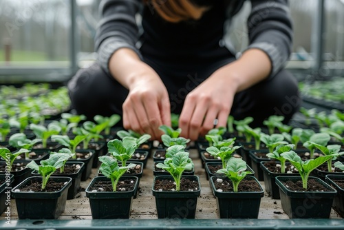 A Hand Gently Touches a Row of Freshly Sprouted Seedlings in a Greenhouse